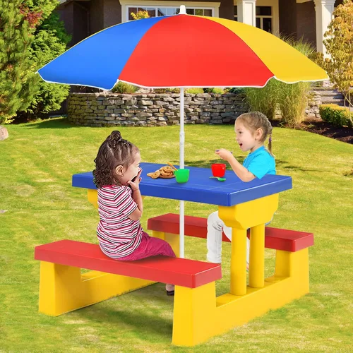 Vista 2 de Costzon Mesa de picnic para niños, mesa y banco para interiores y exteriores con paraguas extraíble, mesa de picnic portátil para niños pequeños