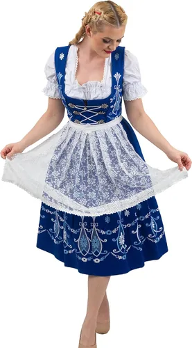 Vista 3 de Dirndl Trachten Haus Vestido de tirolesa bávara para mujer azul largo de 3 piezas para el Oktoberfest alemán