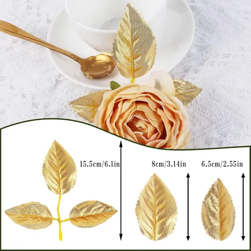 Vista 2 de 100 hojas de oro rosa artificiales a granel, hojas de rosa falsas para ramos de boda, centros de mesa, decoraciones de fiesta