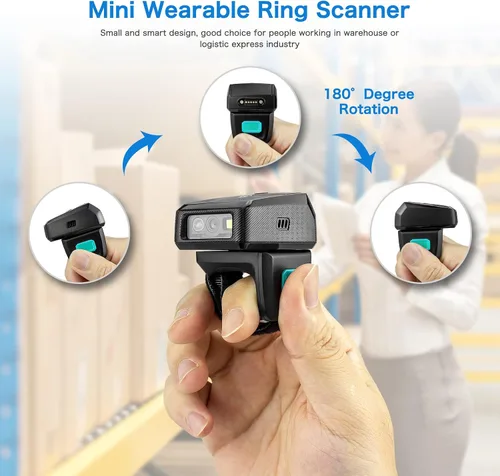 Vista 5 de NETUM Escáner de código de barras con anillo QR 2D Bluetooth, mini lector de códigos de barras portátil con base de carga y memoria incorporada