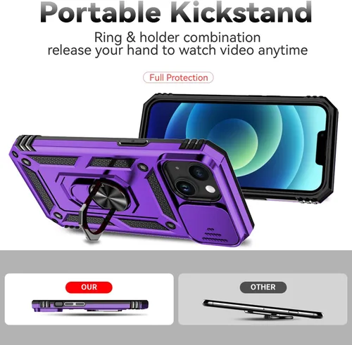 Vista 8 de Funda para iPhone 15, iPhone 15 con funda para cámara y soporte, grado militar, a prueba de golpes, resistente, con soporte magnético