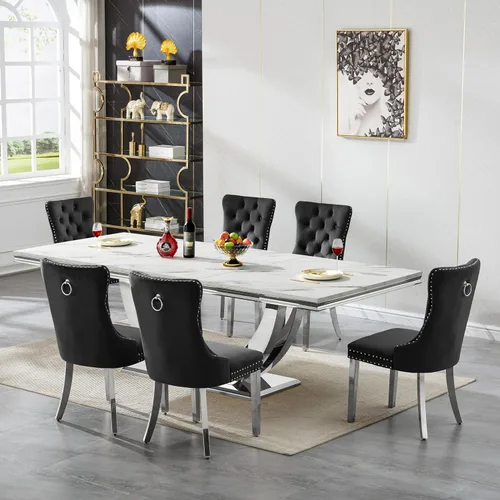 Vista 32 de Mesa de comedor blanca de 68 pulgadas para 4-6, mesa de cocina rectangular moderna con mesa de mármol sintético y base de acero inoxidable plateado