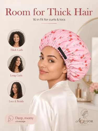 Vista 3 de Aquior Gorro de ducha para mujer, extra ajustable, doble capa, impermeable, reutilizable, gorra de pelo de tamaño grande para todo el cabello