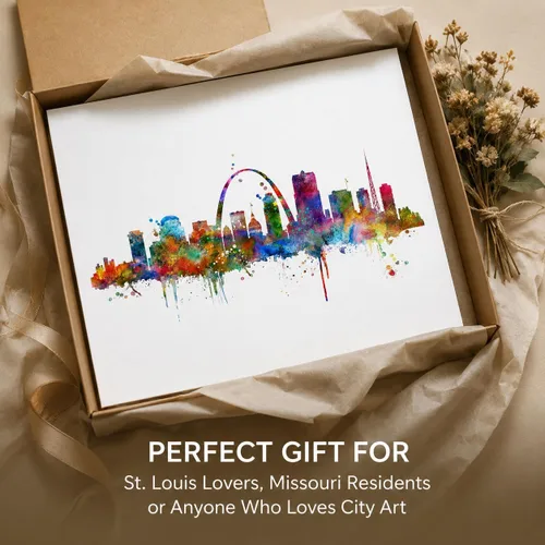 Vista 5 de ZEARPT Impresión artística del horizonte de San Luis de Missouri Skyline City Acuarela, papel artístico de San Luis para colgar en la pared, arte