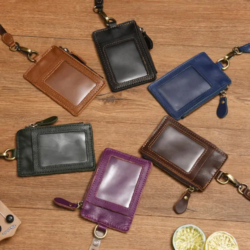 Vista 4 de Wonderpool Soporte de cuero para tarjetas de identificación con bolsillo con cremallera, ranuras para tarjetas, cordón desmontable para el cuello