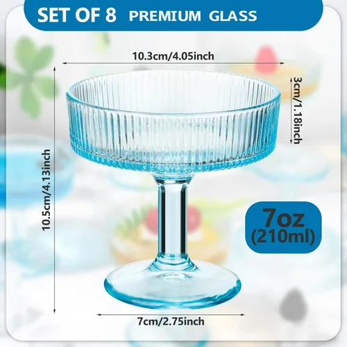 Vista 3 de Teenyyou 8 vasos de Martini vintage acanalados de 7 onzas, copas de Martini de champán, cristalería clásica de cóctel, cristalería acanalada Azul