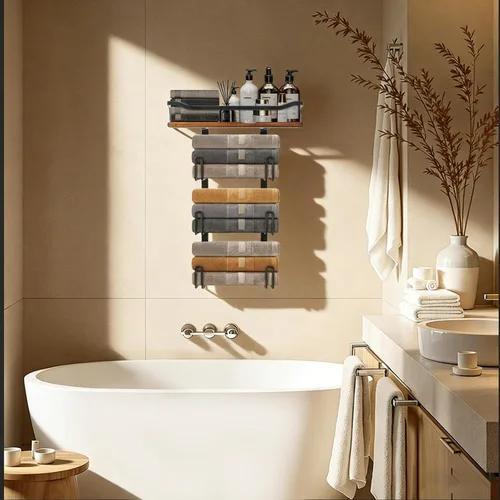 Vista 8 de NearMoon Toallero con estante de madera, soporte organizador de toallas de metal inoxidable para almacenamiento de baño, montado en la pared