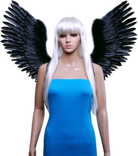 Vista 4 de FashionWings (TM) Disfraz de plumas con forma de V, diseño de alas de ángel para adultos, unisex, color negro, Negro, L, Large wingspan