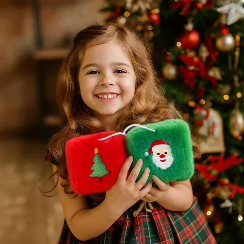 Vista 7 de Dados peludos de Navidad para espejo retrovisor del automóvil, diseño bordado de Papá Noel y árbol, decoraciones colgantes de felpa roja y verde