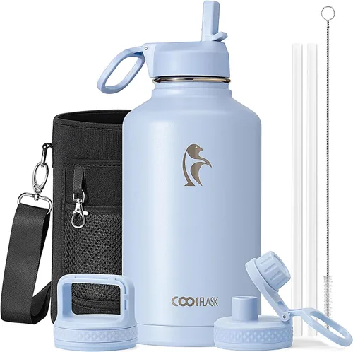 Vista 9 de Coolflask Botella de agua de 20 onzas aislada con pajilla, 3 tapas de metal de acero inoxidable, botella de agua de boca ancha para deportes u