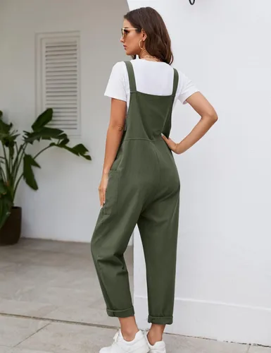 Vista 3 de Flygo Overol casual de algodón para mujer, pierna ancha, ajuste holgado, con bolsillos, Verde Armada (ArmyGreen)