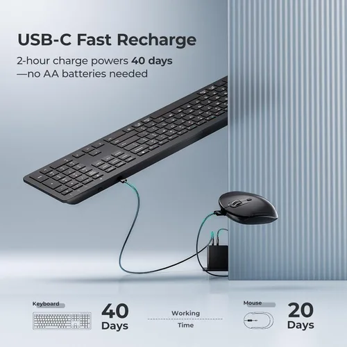 Vista 2 de iClever GK08 - Teclado y mouse inalámbricos, combo de teclado recargable, ergonómico, silencioso, diseño de tamaño completo con teclado numérico
