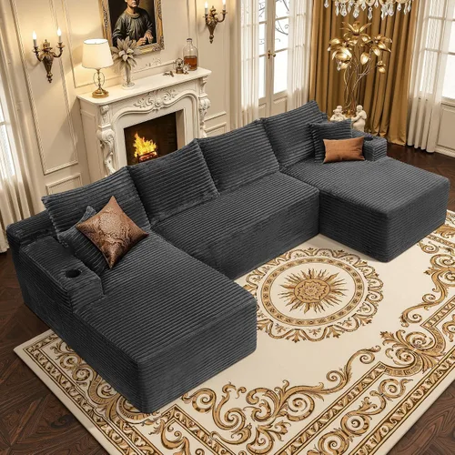 Vista 28 de Sofá seccional negro de 96.9 pulgadas, sofá modular de pana sin hueso con resortes y espuma de alta resistencia, asiento profundo compacto de gran