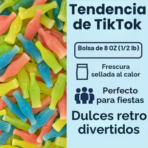 Vista 7 de Dulce de Cera en Botella, Bolsa de 8 OZ (½ LB), Dulces Retro y Nostalgicos con Centro Líquido Frutal, Snack de Tendencia de TikTok