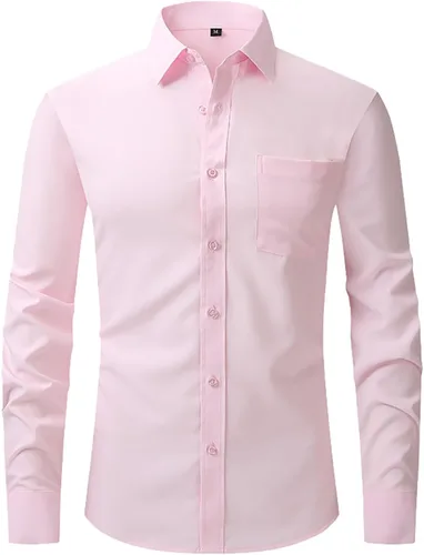 Vista 10 de Camisas de vestir de ajuste regular para hombre, de manga larga, elásticas, sin arrugas, con botones, blusa formal ligera y sólida