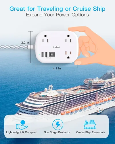 Vista 3 de Cruise Essentials 2026, regleta de alimentación de viaje con USB C, cable de extensión de enchufe plano de 1 pie con 3 tomas, 4 puertos USB