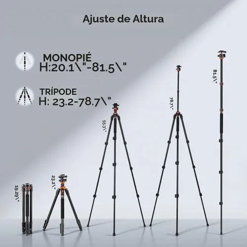 Vista 2 de K&F CONCEPT - Trípode de aluminio para cámara (78") 81" Monopod, 22lb Max Load, for DSLR/Spotting Scope/Camcorder, Heavy Duty Travel Tripod