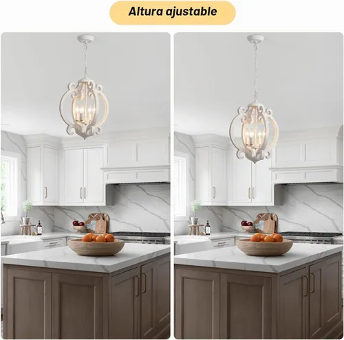 Vista 4 de Lámpara de araña de granja para comedor, lámpara de campo francés, color blanco envejecido, candelabro de madera rústica de 4 luces, lámpara