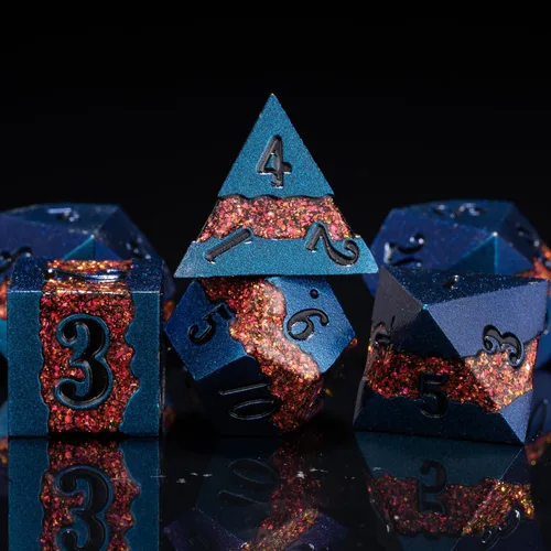 Vista 16 de Dados poliédricos DND de metal, juego de dados metálicos con purpurina a rayas grandes, juego de 7 dados plateados antiguos para juegos de rol