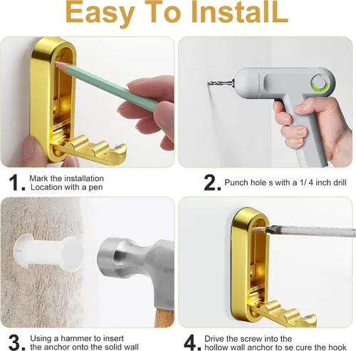 Vista 5 de 2 ganchos de pared plegables dorados, ganchos plegables para colgar en la pared, bolsas/mochila/ropa gancho montado para baño, dormitorio, cocina