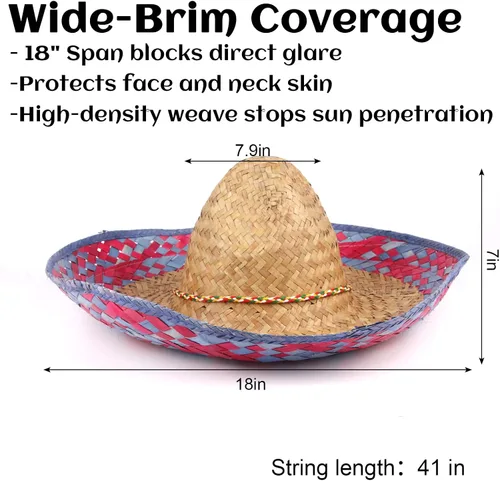 Vista 6 de DUNCHATY Sombrero para Fiesta Cinco de Mayo, decoraciones de fiesta temática mexicana - Sombrero de paja para adultos