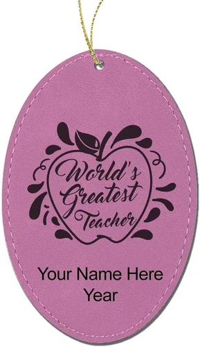 Vista 9 de LaserGram Personalized Christmas Ornament, World's Greatest Teacher, Faux Leather, Custom Laser Engraved Gift Idea (Oval Shape, Black with Gold)