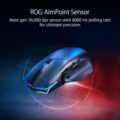 Vista 2 de ASUS ROG Chakram X Mouse para juegos conectividad trimodo 24 GHz RF Bluetooth cableado sensor 36000 DPI sondeo de 8000 Hz palanca de mando