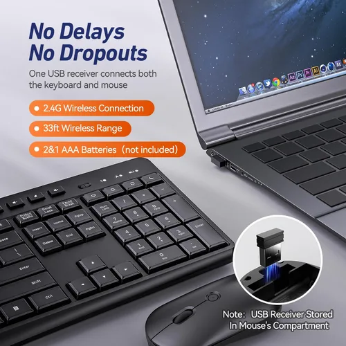 Vista 6 de Combo de teclado y mouse inalámbricos, teclado inalámbrico silencioso Acebaff 2.4G con soporte para tableta de teléfono, mouse silencioso, 11 teclas