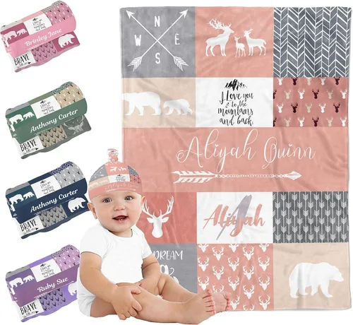 Vista 11 de Mantas de bebé personalizadas para niños y niñas, mantas de bosque personalizadas con nombre y sombrero, color rojo