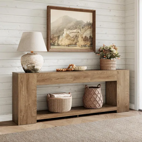 Vista 10 de Epecoya Mesa consola extra larga para entrada, color negro, mesa de entrada de 86 pulgadas con estantes de almacenamiento, mesa moderna de 2 niveles