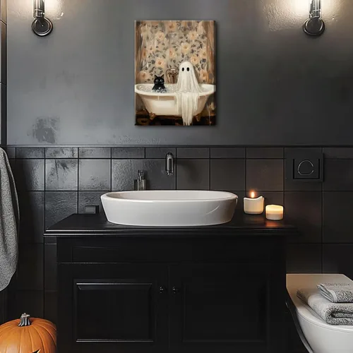 Vista 2 de Obras de arte en lienzo de fantasmas de Halloween para baño, decoración de pared con fantasmas de terror y lindo gato negro en la bañera, pinturas