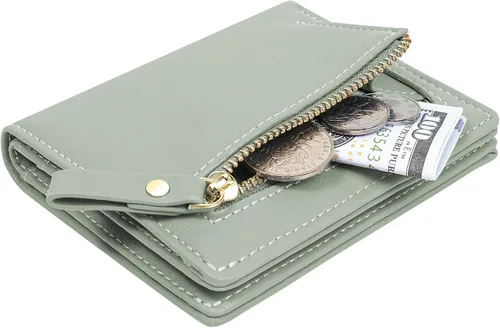 Vista 2 de SUMGOGO Cartera pequeña para mujer, delgada, de piel, con tarjetero RFID, plegable, corto, con cremallera, bolsillo frontal, Verde (Mint Green)