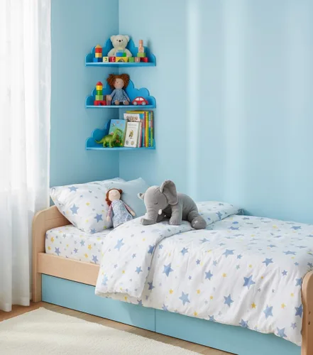 Vista 4 de Cloud - Juego de 3 estantes de pared para colgar en la esquina, estante para libros de guardería, diseño festoneado, hoja segura y no tóxica, fondo
