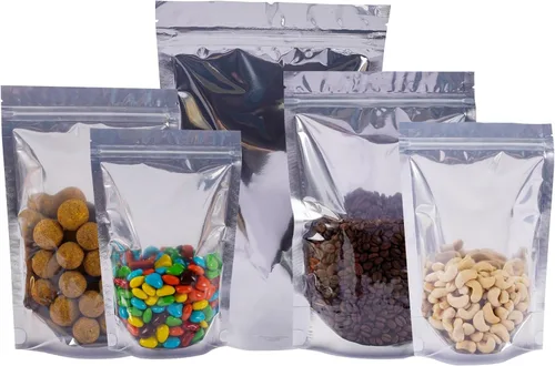 Vista 6 de Paquete de 100 bolsas de Mylar para almacenamiento de alimentos, papel de aluminio resellable, bolsa transparente de pie con ventana frontal de 3.94
