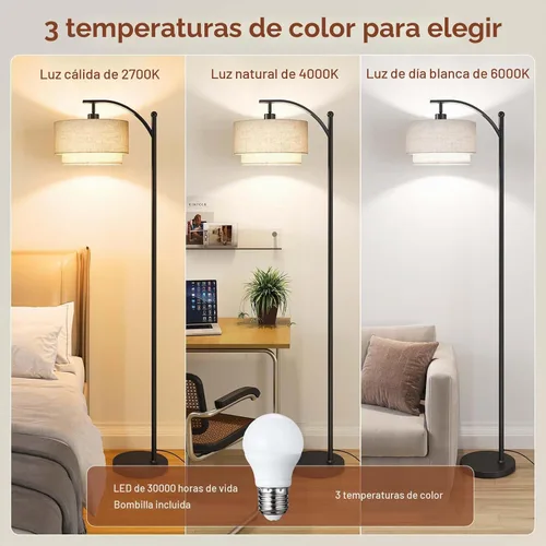 Vista 2 de Lámparas de pie SUNMORY para sala de estar con bombilla LED de 12W, lámpara de pie de arco con 3 temperaturas de color, lámparas de pie modernas