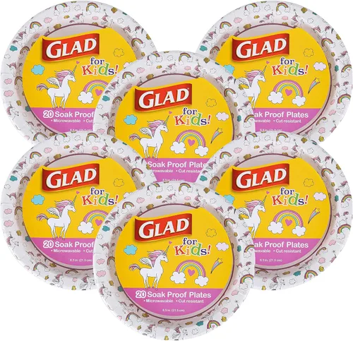 Vista 10 de Glad para Niños Platos de Papel Desechables Redondos con Temática de Unicornio - Resistentes, A Prueba de Absorción, Platos Aptos para Microondas