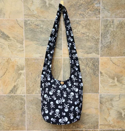 Vista 2 de BTP! - Bolso bandolera de algodón tailandés estilo hobo con diseño de calavera, punk, rock, hippie, hobo tailandés, pequeño (negro), Negro