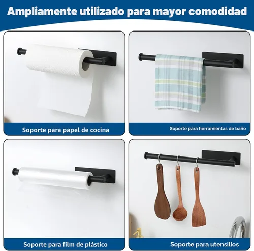 Vista 5 de theaoo - Toallero de papel para debajo del gabinete para cocina, toallero adhesivo para baño, montado en la pared, negro mate, acero inoxidable