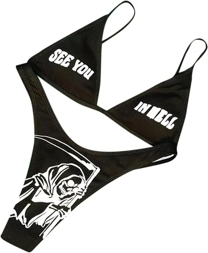 Vista 104 de AIBEARTY Traje de baño de dos piezas con estampado de calaveras para mujer, conjunto de bikini triangular de corte alto para fiesta, festival