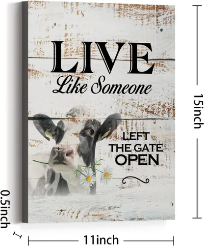 Vista 2 de Lienzo decorativo para pared con diseño de granja campestre, diseño de vaca divertida Live Like Someone Left The Gate Open Retro Style Impresiones