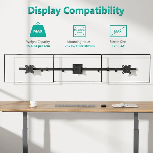 Vista 3 de WALI Soporte de pared triple para monitor de 17 a 32 pulgadas, brazo de monitor de computadora para 3 pantallas, soporte de pared giratorio