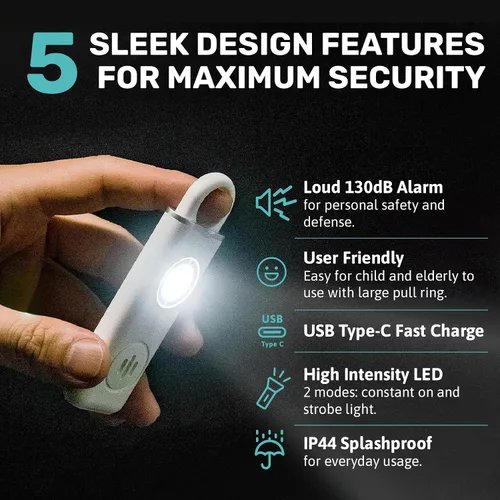 Vista 2 de Alarma de seguridad personal para mujeres, hombres y niños, alarma personal para viajes, segura e impermeable, llavero de autodefensa para mujeres