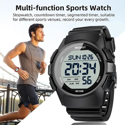 Vista 6 de Beeasy Reloj deportivo digital para hombre, reloj impermeable con cronómetro, temporizador de cuenta regresiva, función de alarma, correa de goma
