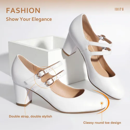 Vista 6 de IDIFU Zapatos de vestir para mujer, zapatos de tacón Mary Jane, tacón bajo, punta redonda, cerrada, boda, oficina, trabajo