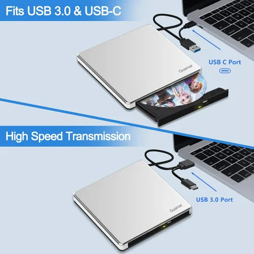 Vista 6 de Guamar Unidad de CD externa para Mac: Reproductor de quemador de DVD portátil para PC portátil con Windows 11 con ranura SD/TF 2 puertos USB - USB-C