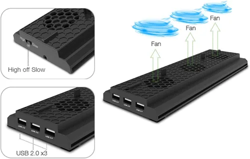 Vista 2 de Soporte de refrigeración vertical compatible con Xbox One X, soporte de ventilador de refrigeración compatible con Xbox One X con 3 puertos USB
