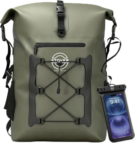 Vista 18 de STOVER - Mochila seca impermeable de 30/40/55L y funda para teléfono, bolsa seca flotante extragrande para kayak, viajes, senderismo, pesca Negro
