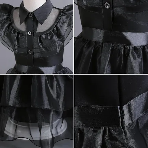Vista 4 de Disfraz de Miércoles Negro para Niñas para Niñas, Halloween, cosplay, Vestidos de fiesta familiar con cinturón y peluca de 4 a 13 años