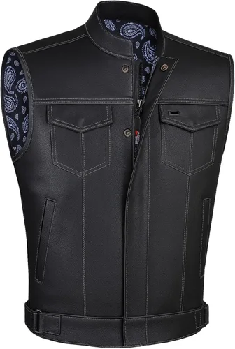 Vista 15 de SOA - Chaleco de motocicleta para hombre, piel de búfalo de alta calidad, armadura trasera, bolsillos interiores, chalecos de club de motociclista