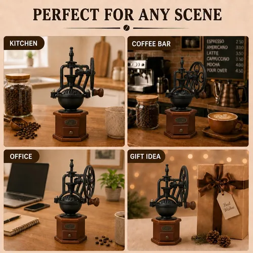 Vista 8 de Molino manual de granos de café, molino de café, manual con manivela de rueda de hierro y cuerpo de madera, molinillo de café de cerámica para uso